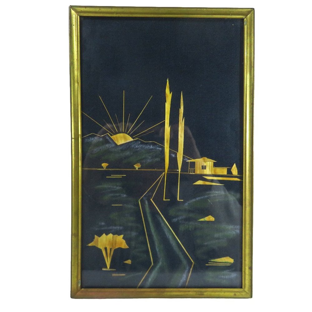 Vintage Russian (U.S.S.R.) Marquetry Pastels Black Fabric Wood Board Landscape